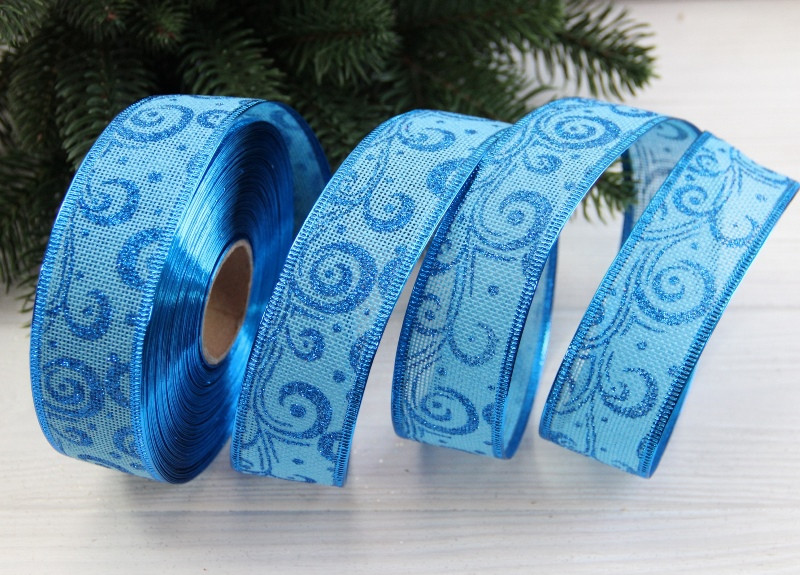 Стрічка мішковина " Завиток 3,8 см " блакитна рулон 18 метрів