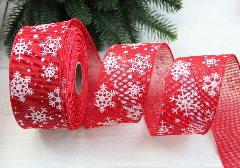 Стрічка новорічна 6,3 см "Сніжинки на мішковині No 4", червона 3 метри
