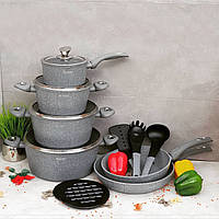 Набір каструль казанів із мармуровим покриттям Edenberg EB-5620 Набір кухонного посуду 15 предметів Сірий