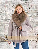 Женское пальто цвета лаванда с меховым воротником, Натуральная шерсть