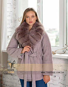 Жіноче пальто кольору лаванда з хутряним коміром Натуральна вовна