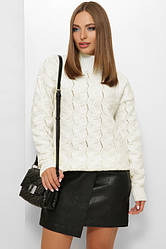 Жіночий теплий светр під горло на зиму в'язаний однотонний білий (молочний)