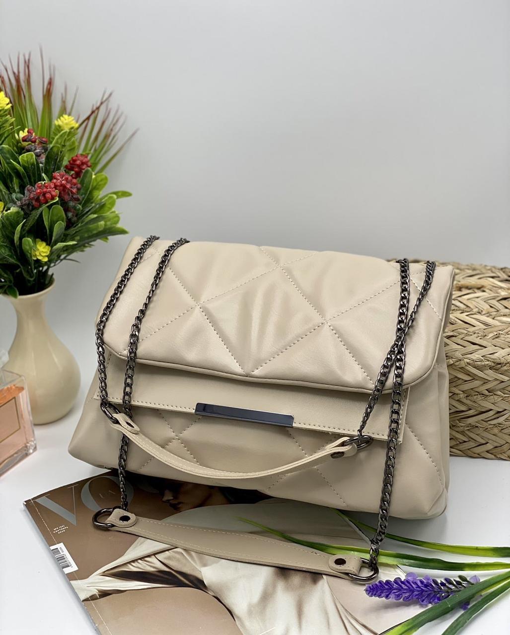 Жіноча сумочка крос-боді стьобана в клітку ремінець ланцюжок 29*20 см Nata Бежевий, фото 1