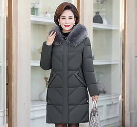 Стьобана Куртка жіноча з капюшоном і хутряною обробкою, сіра