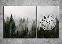 Картина часы туманный хвойный лес пейзаж с бесшумным механизмом фотопечать на холсте 100х60 из 2 частей