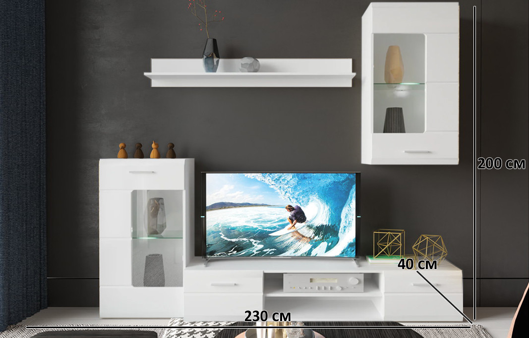 Стенка в гостинную Гербор Перлита 230х200см белый глянец с тумбой под ...