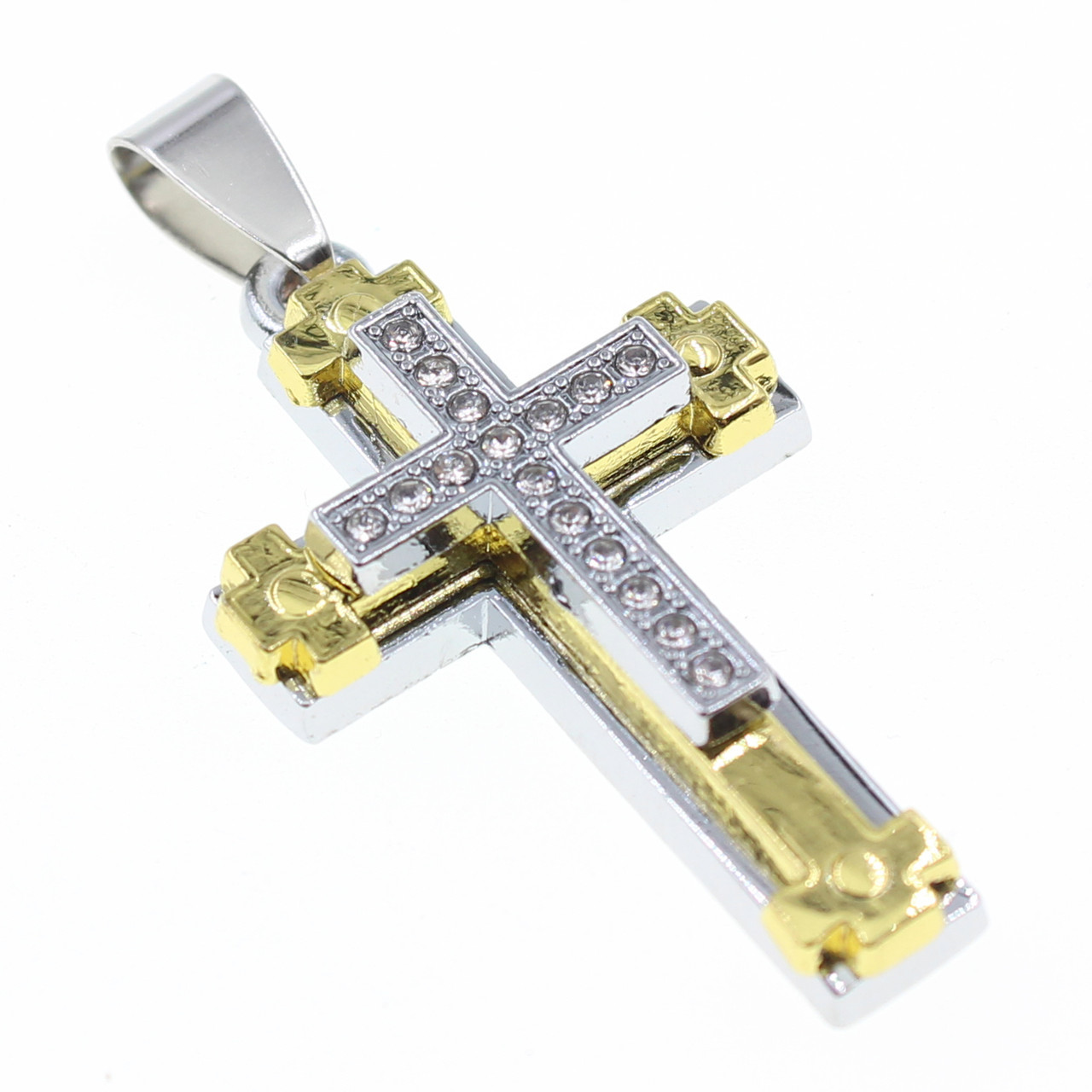 Хрестик сріблястий із золотом із медичної неіржавкої сталі 316L від Stainless Steel розмір 55 х 35 мм