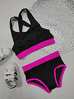 Спортивний топ навхрест і труси для дівчинки з біфлексу чорного кольору з малиновим кантом Глорія р.26-44