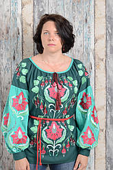 Вишиванка жіноча з довгим рукавом - реглан, авторська вишивка гладь, Онікс, колір - зелений.