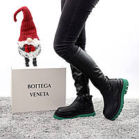 Зимние кожаные высокие сапоги Bottega Veneta Black Green (Сапоги на меху и на молнии Боттега черно-зеленые) 38