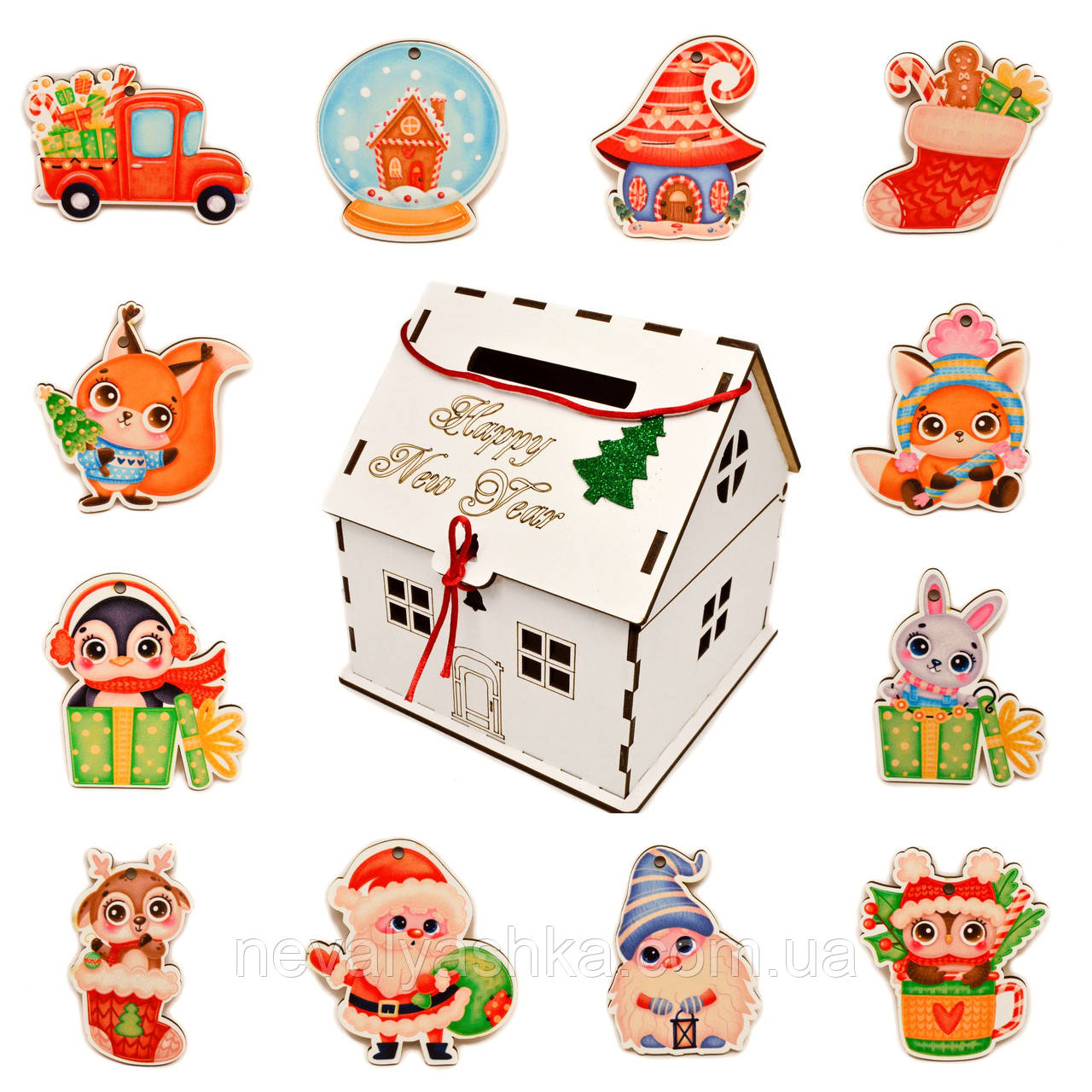 Кольорові Красиві Дерев'яні Ялинкові Іграшки Набір 12 шт в Коробці Будиночок"CuteType" Новорічні Прикраси на Ялинку, фото 1