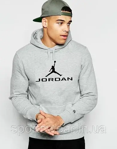 Худі Jordan Джордан HOODIE Чоловіча спортивна кофта з капюшоном Кенгурушка сіра з принтом Джордан Пайта котон