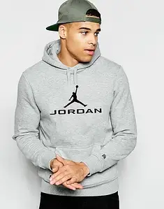 Худі Jordan Джордан HOODIE Чоловіча спортивна кофта з капюшоном Кенгурушка сіра з принтом Джордан Пайта котон