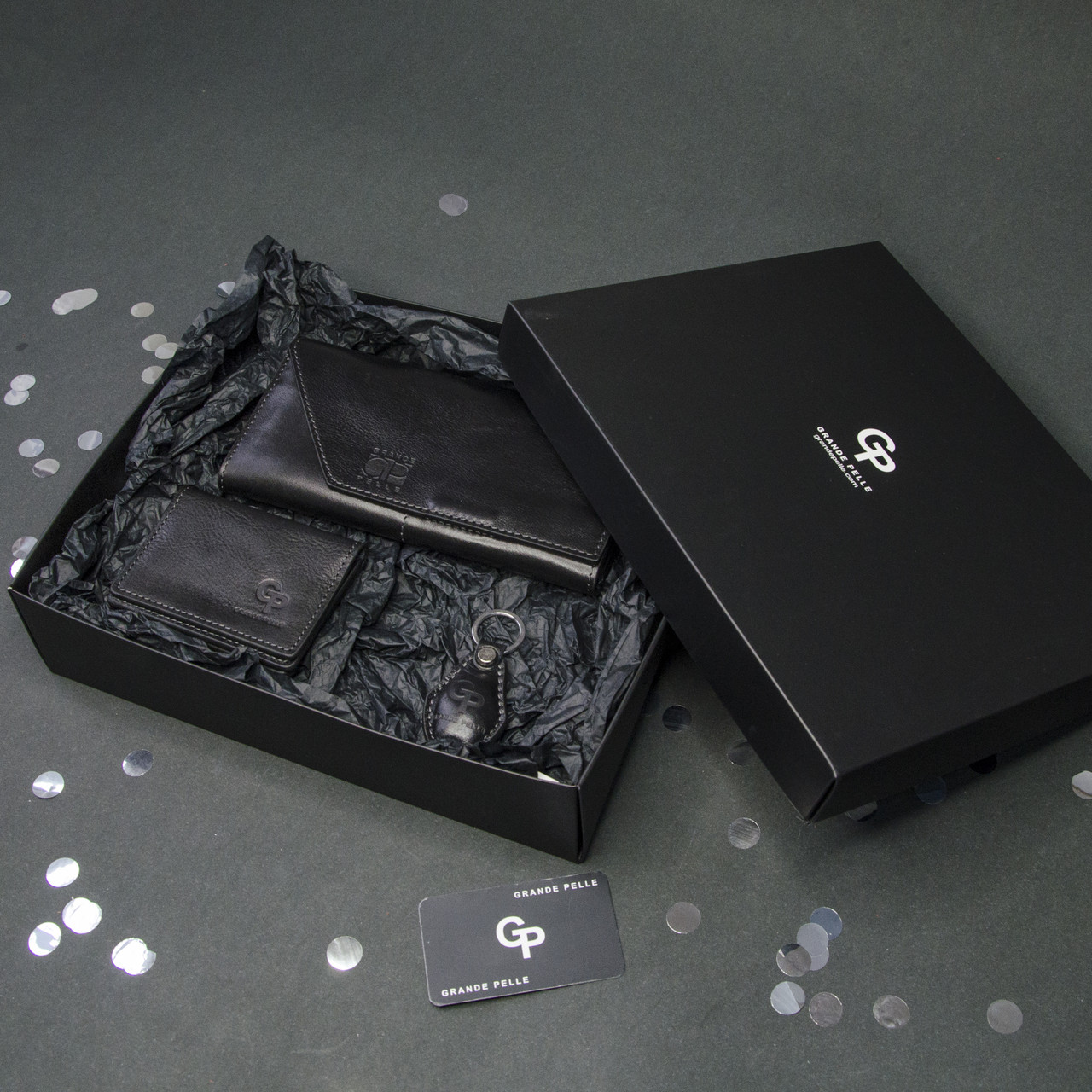 Подарунковий набір Grande Pelle: шкіряне портмоне+обкладинка для документів+брелок, чорний, фото 1