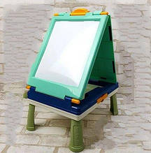 Дитячий столик Мольберт 050-17 3в1, два поля - чорне/біле, настільна гра, в наборі крейда, фішки, 6 маркерів