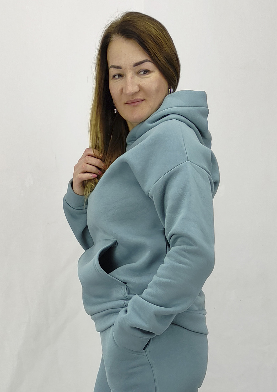 Спортивне жіноче худі темно голубого кольору на флісі з капюшоном XL, XXL, 3XL сезон ОСІНЬ/ЗИМА