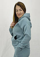 Повседневная женская кофта-худи цвета темно голубого на флисе с капюшоном S, M, L с карманами