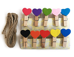 Міні прищіпки для декору "Різнокольорові серця" 3.5 см (10 штук)