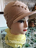 Весняна жіноча шапка в'язана з козирком, бавовна, ТМ Fonem, Туреччина, розмір 56-58, оливковий колір!, фото 3