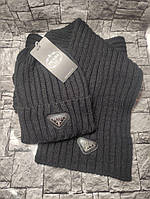 Комплект женский шапка + шарф черный вязаный зимний Prada Прада