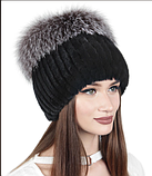 Чорна шапка з хутра кролика Рекс і помпоном колір 9. Чорний колір, фото 3