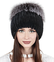 Чорна шапка з хутра кролика Рекс і помпоном колір 9. Чорний колір