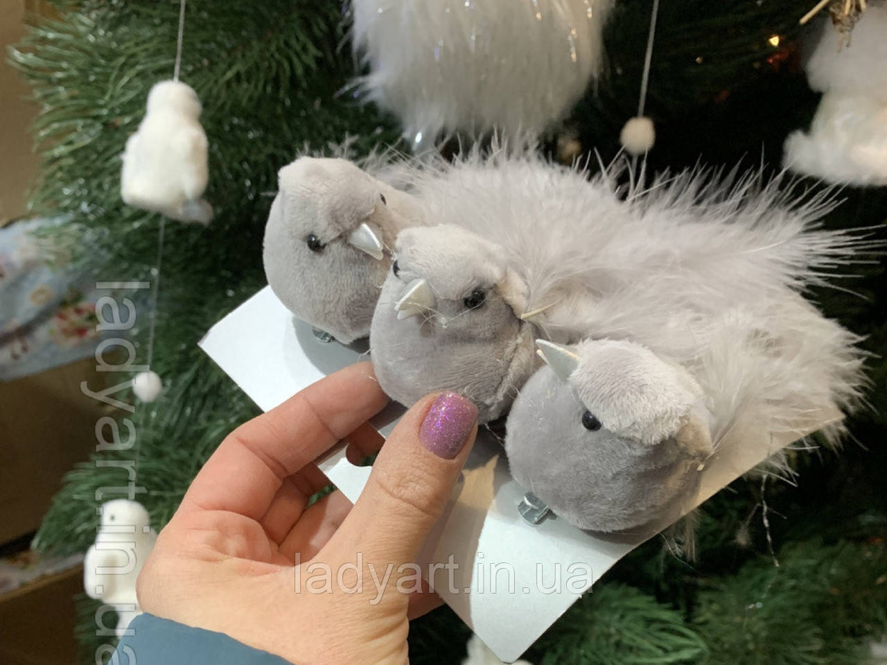 Набір декоративних птахів із пером на прищіпці, 3 шт./пач., 18 см сірого кольору., фото 1