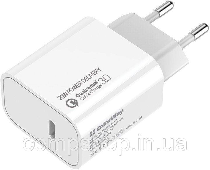 Пристрій зарядний мережевий Colorway Power Delivery Port USB Type-C (20W) V2 білий (код 122365)