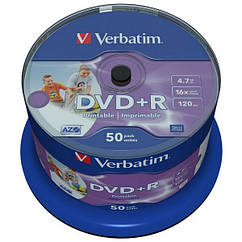 Диск DVD+R 4,7 GB Verbatim 16x Wide Inkjet Printable No ID Brand Spindle 50pcs (43512) (код 123379)