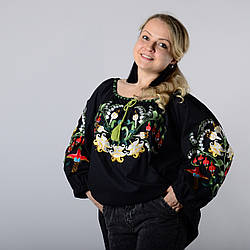 Вишиванка жіноча з довгим рукавом - реглан, вишивка - авторська гладь, поплін, колір -  чорний.