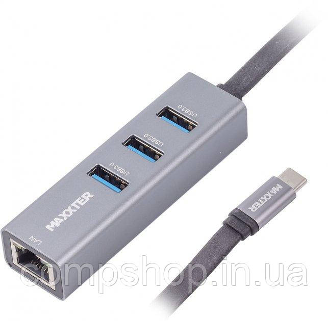 Адаптер Type-C->Ethernet Maxxter NECH-3P-02 (3 Ports USB3.0, 1000 Mbps, метал, темно-сірий) (код 121104)