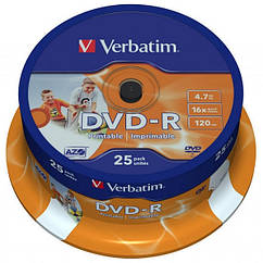Диск DVD-R 4,7 GB Verbatim 16x Wide Inkjet Printable Cake 25pcs (код 16432)