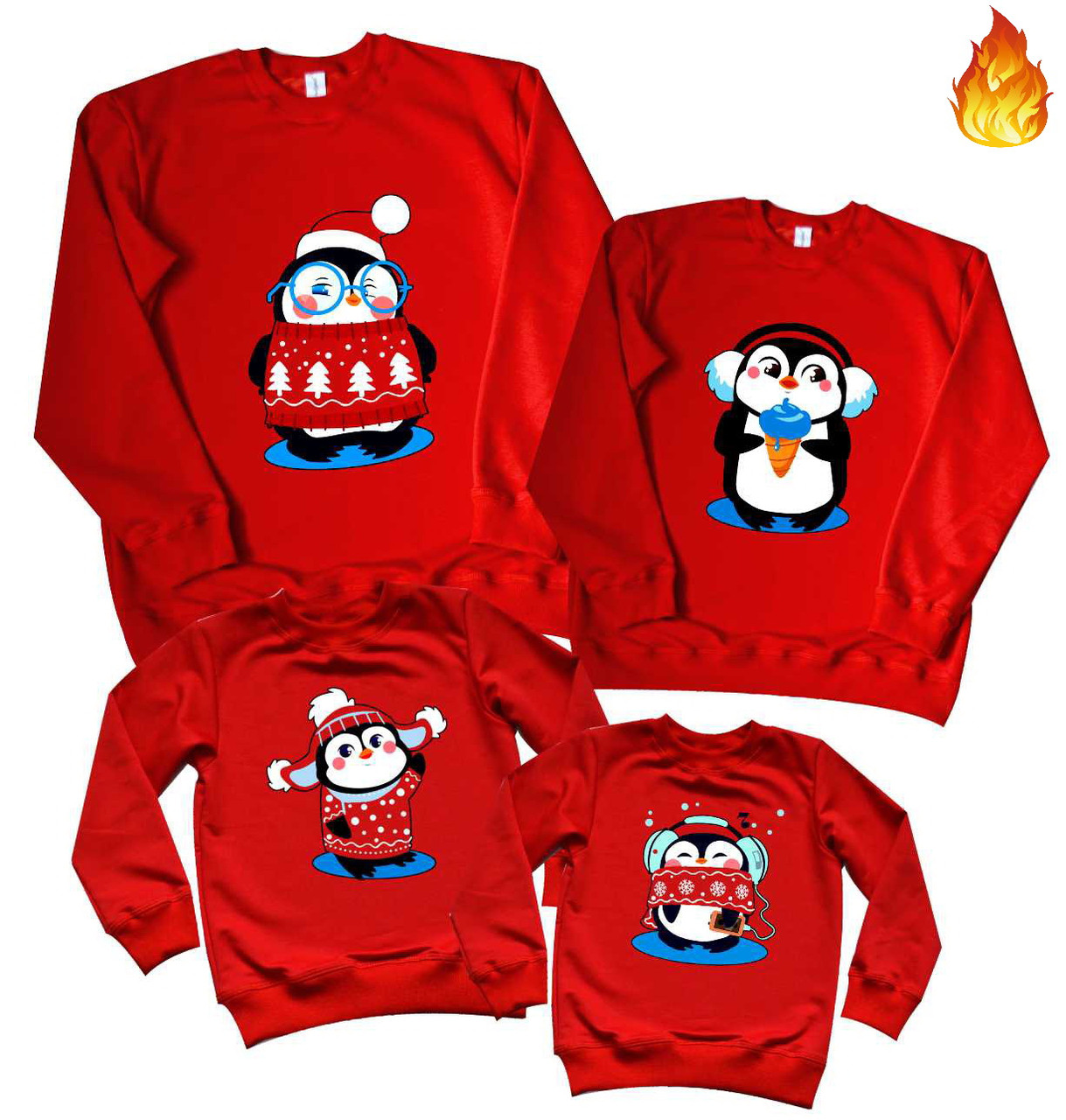 Сімейний Набір 3х Свитшотов 2 дор.+1 дитячі. Пінгвіни в шапках від 86 до XL Family Look