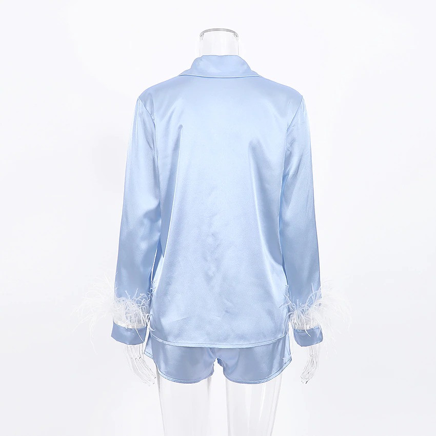 Пижама женская атласная с перьями. Комплект шелковый с длинным рукавом и шортами, р. M (голубой) - фото 6 - id-p1526620920
