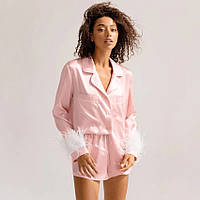 Пижама женская атласная с перьями. Комплект шелковый с длинным рукавом и шортами, р. M (розовый)