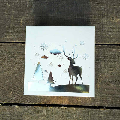 Коробка святкова зі срібним тисненням 200х200х50 мм.