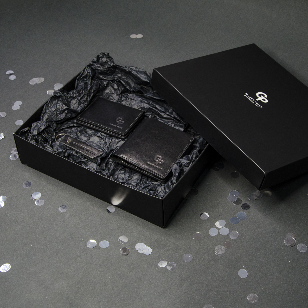 Подарунковий набір Grande Pelle: портмоне+обкладинка для документів+брелок, чорний, фото 1