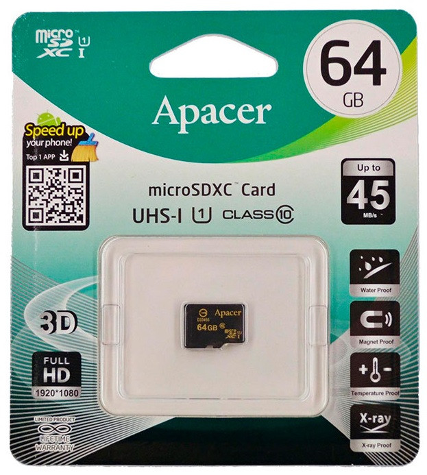 Картка пам'яті microSDXC Apacer 64 GB class 10 UHS-I U1 + SD Adapter (AP64GMCSX10U1-RA)