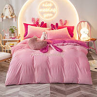 Велюровое постельное белье с ушками CROWN евро размер розовое с малиновым