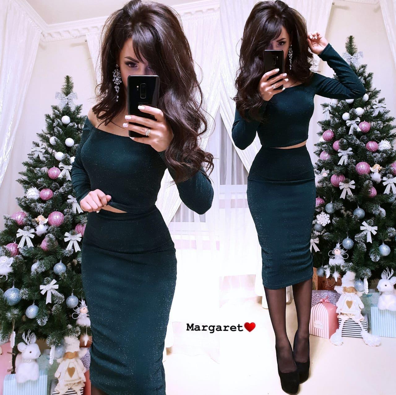 Костюм жіночий Донна красивий з трикотажу з люрексом топ з відкритими плечима і спідниця олівець Kmk1390