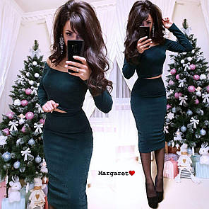 Костюм жіночий Донна красивий з трикотажу з люрексом топ з відкритими плечима і спідниця олівець Kmk1390, фото 1