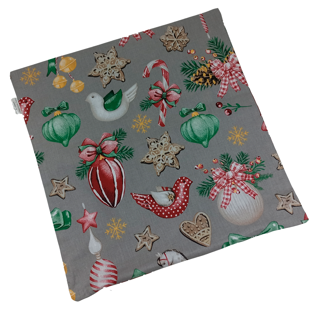 Подушка, 30*30 см, новорічна, (бавовна), (новорічні коники та іграшки на сірому)