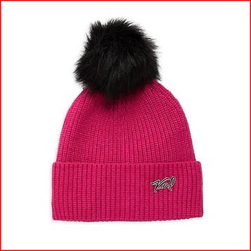 Жіноча шапка Karl Lagerfeld Paris Ribbed Faux Fur Pom-Pom Beanie ОРИГІНАЛ малинова