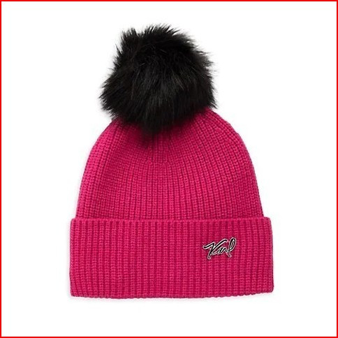 Жіноча шапка Karl Lagerfeld Paris Ribbed Faux Fur Pom-Pom Beanie ОРИГІНАЛ малинова