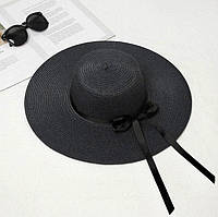 Шляпа женская летняя с полями 10 см и черной лентой черная