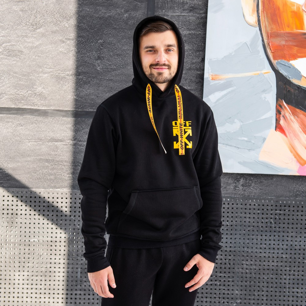 Тепла чорна худі на флісі Off White (оф вайт)