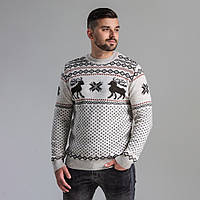 Мужской бежевый шерстяной теплый свитер с оленями, зимний вязанный свитер турецкий шерстяные мужские свитера