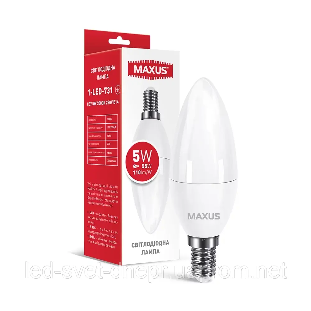 Лампа світлодіодна MAXUS 1-LED-731 C37 5 W 3000 K 220 V E14 1-LED-731