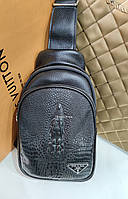 Чоловіча брендова сумка-слінг на плече Prada Прада під рептилію чорна, нагрудна сумка, шкіряний слінг
