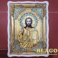 Храмовая икона Спаситель Иисус Христос большая в ризе, белая фигурная рамка, 60х80 см
